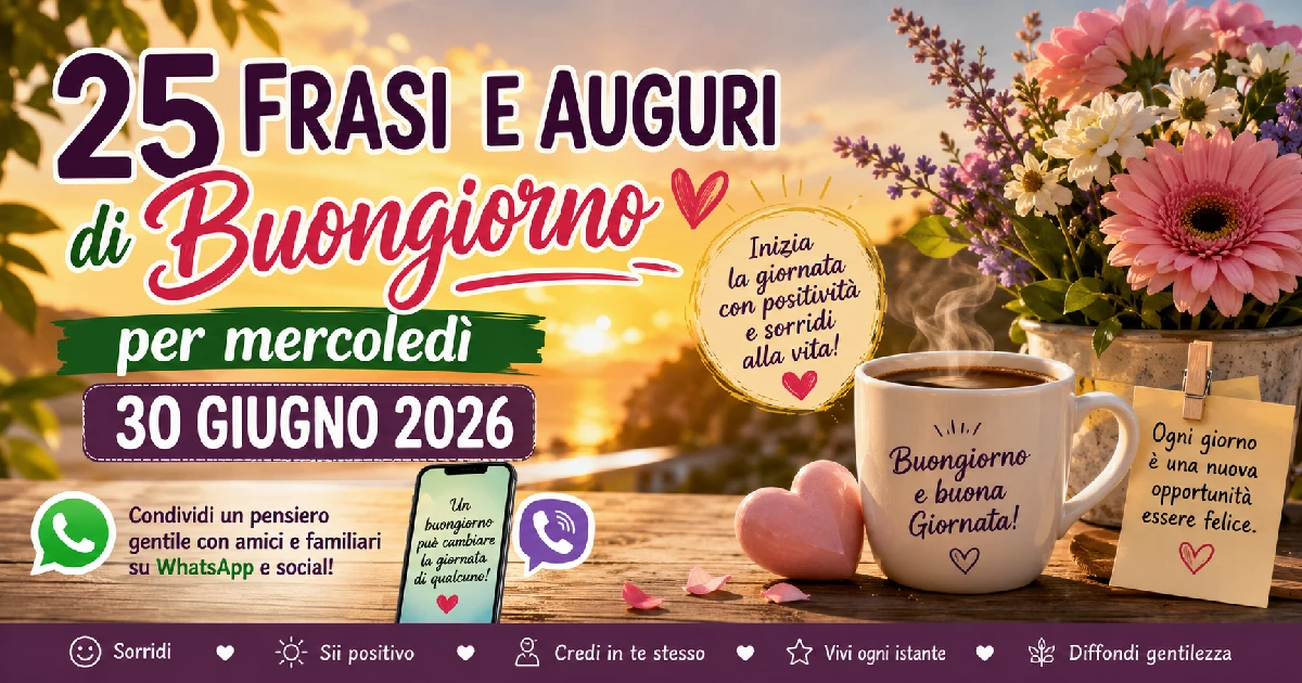25 Frasi e Auguri di Buongiorno per Mercoledì 30 Giugno 2026