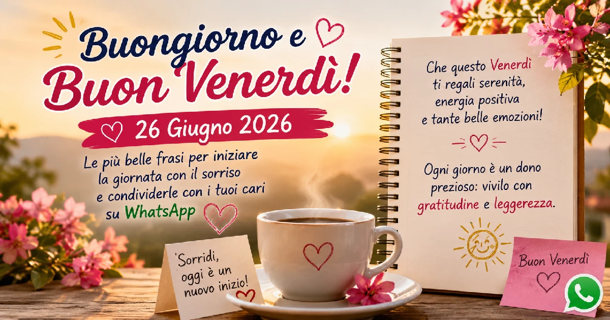Buongiorno e Buon Venerdì! Le più belle frasi per il 26 Giugno 2026 da condividere con i propri cari su WhatsAp