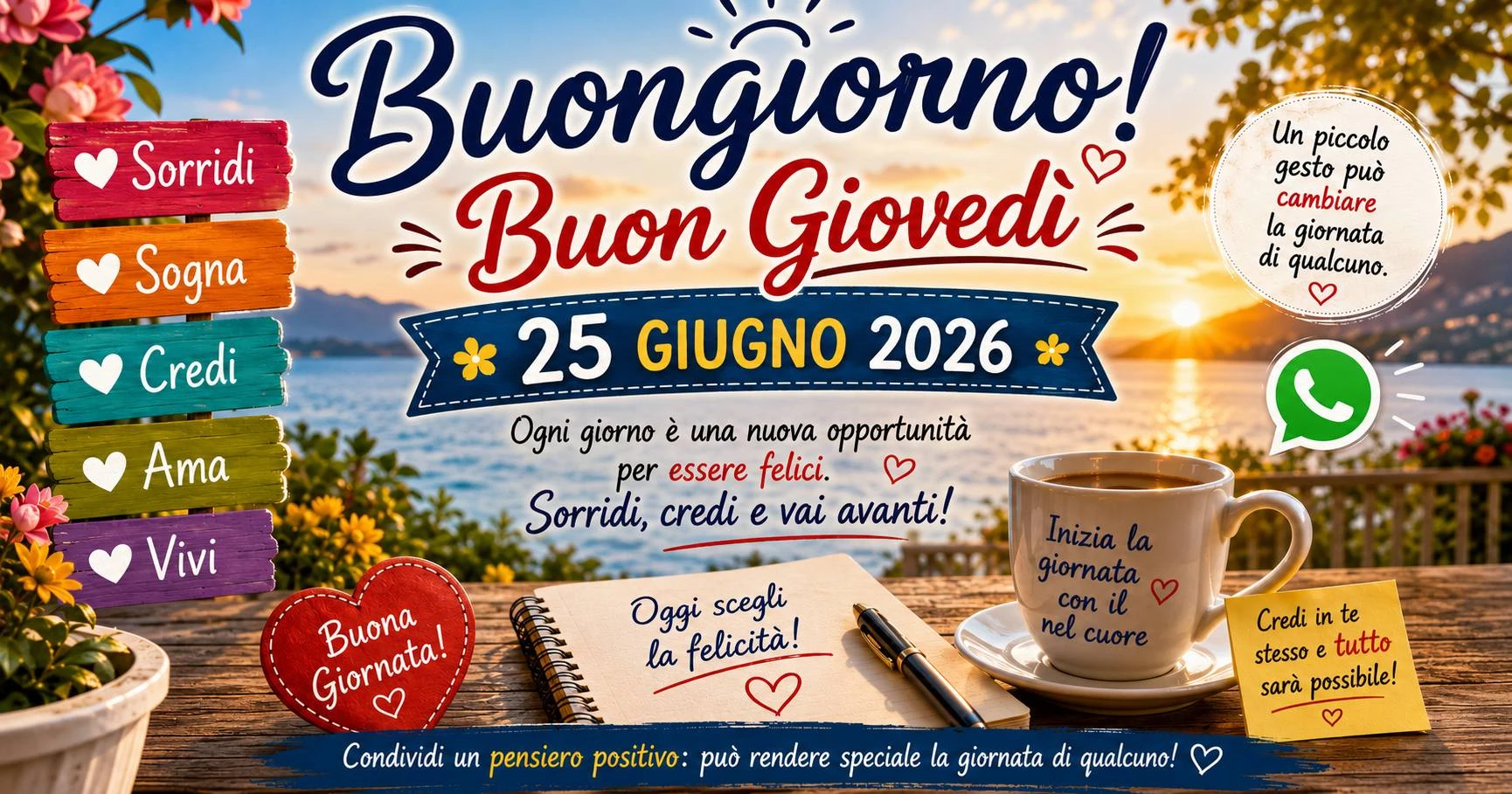 Frasi del Buongiorno Buon Giovedì 25 Giugno 2026: le più belle frasi da condividere via WhatsApp