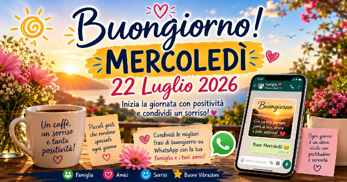 Frasi di Buongiorno per Mercoledì 22 Luglio 2026: condividile su WhatsApp con la tua famiglia