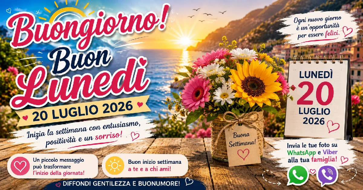 Frasi e immagini per augurare buongiorno e buon lunedì 20 luglio 2026. Invia le tue foto su WhatsApp alla tua famiglia