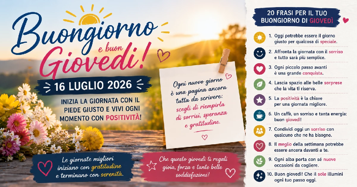 Inizia giovedì 16 luglio 2026 con il piede giusto grazie alle più belle frasi del buongiorno