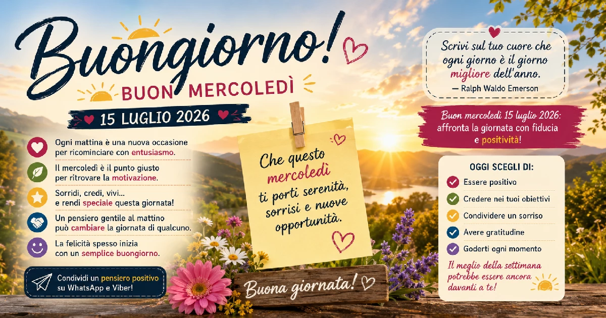 Le più belle frasi del buongiorno per rendere speciale mercoledì 15 luglio 2026